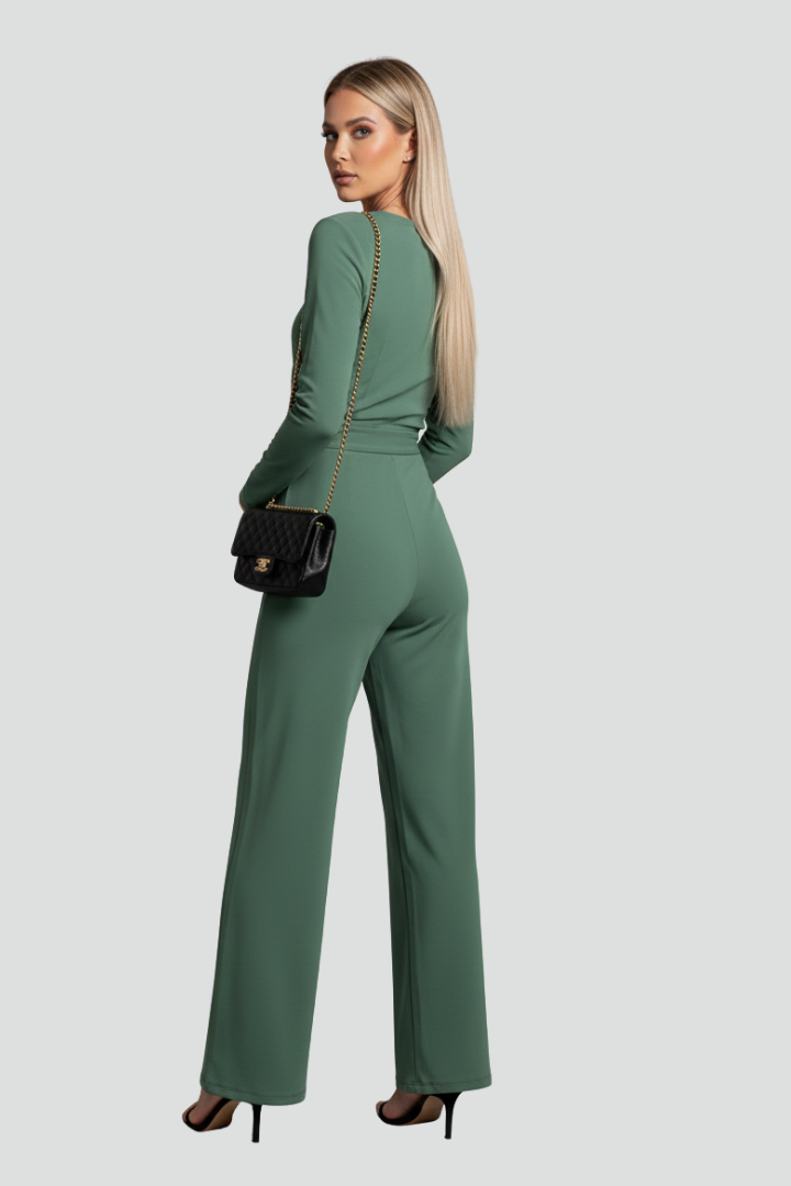 Valerisse | Women’s V-Neck Jumpsuit with Tie Waist, Long Sleeves & Wide-Leg Pants