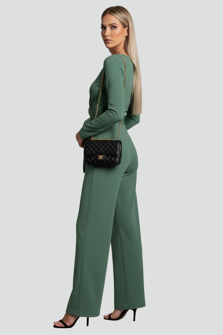 Valerisse | Women’s V-Neck Jumpsuit with Tie Waist, Long Sleeves & Wide-Leg Pants