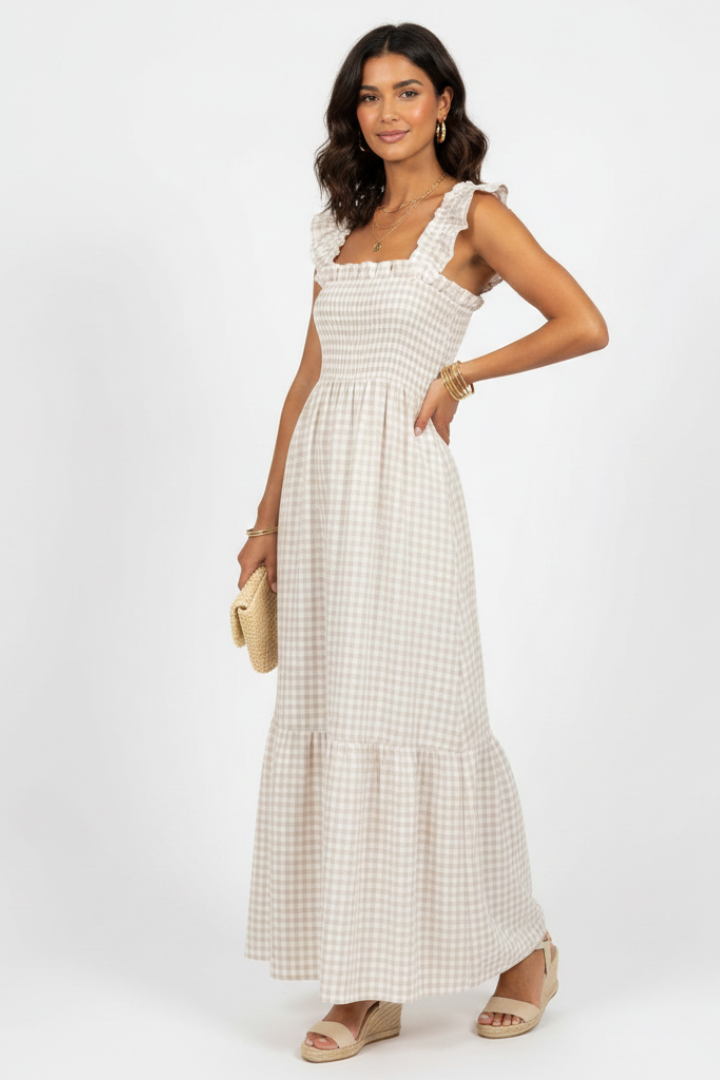 Valeska | Women’s Plaid Maxi Dress – Sleeveless Square Neck Ruffle Sleeve Dress, Smocked Waist