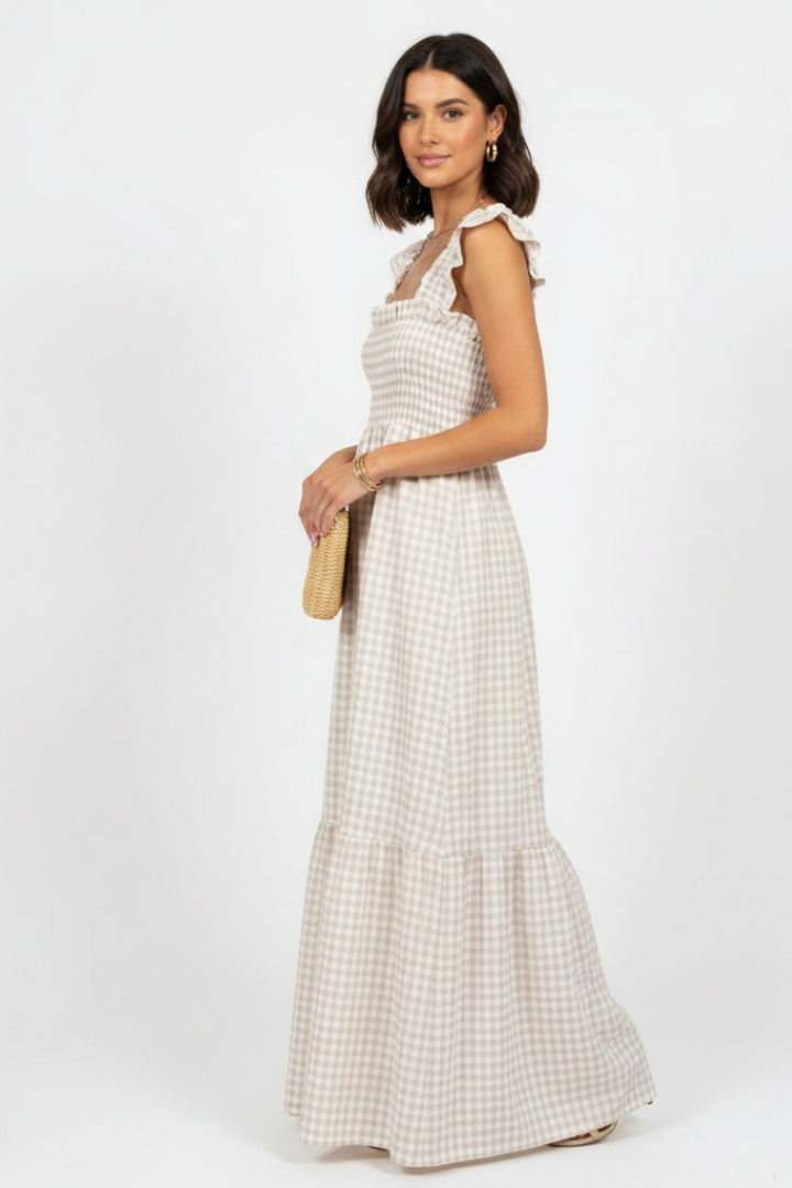 Valeska | Women’s Plaid Maxi Dress – Sleeveless Square Neck Ruffle Sleeve Dress, Smocked Waist