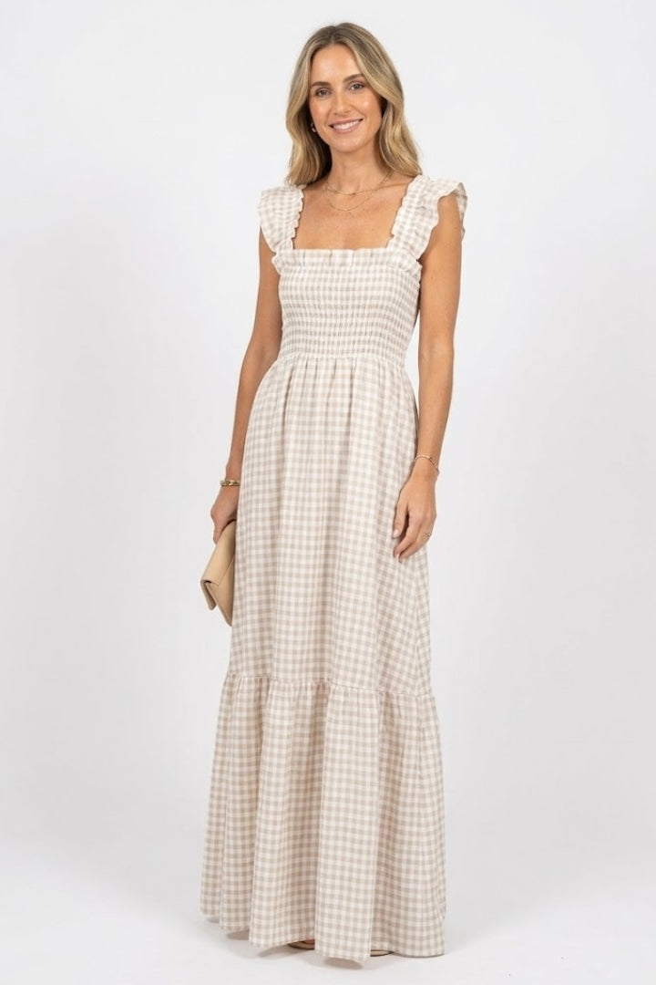 Valeska | Women’s Plaid Maxi Dress – Sleeveless Square Neck Ruffle Sleeve Dress, Smocked Waist