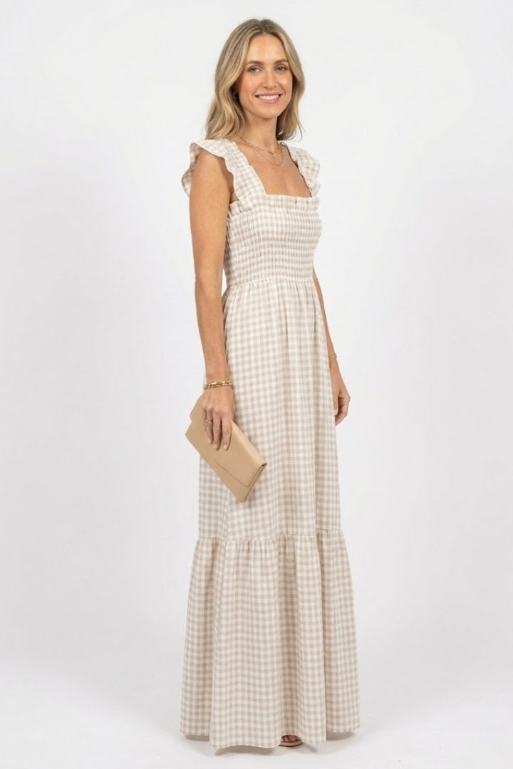 Valeska | Women’s Plaid Maxi Dress – Sleeveless Square Neck Ruffle Sleeve Dress, Smocked Waist