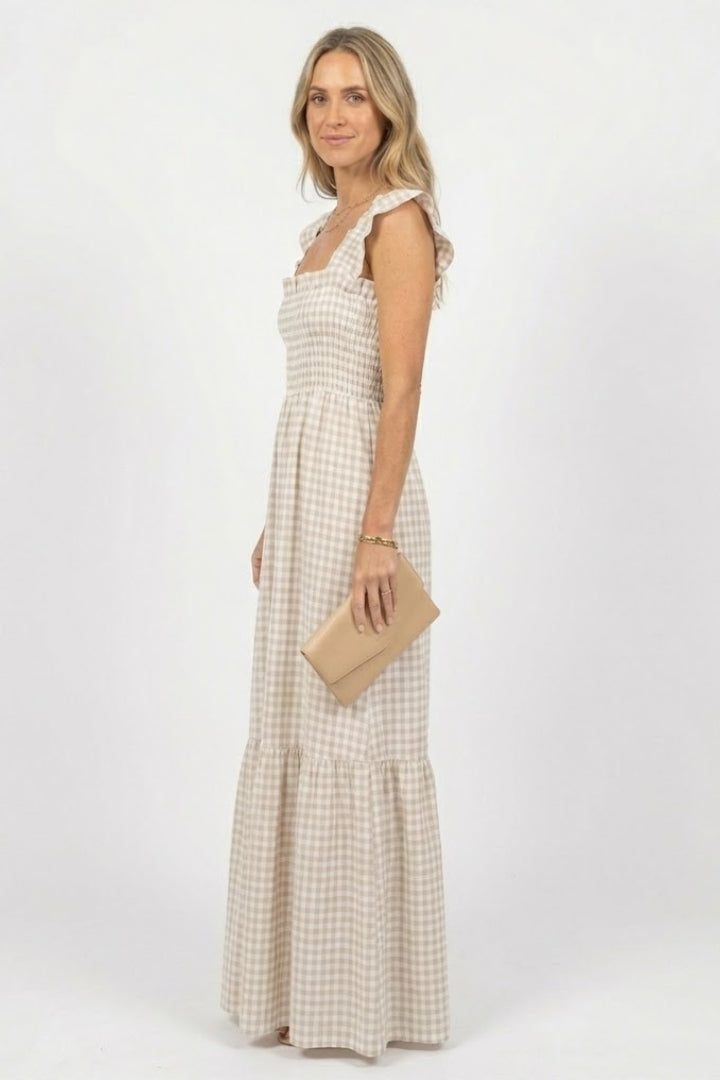 Valeska | Women’s Plaid Maxi Dress – Sleeveless Square Neck Ruffle Sleeve Dress, Smocked Waist