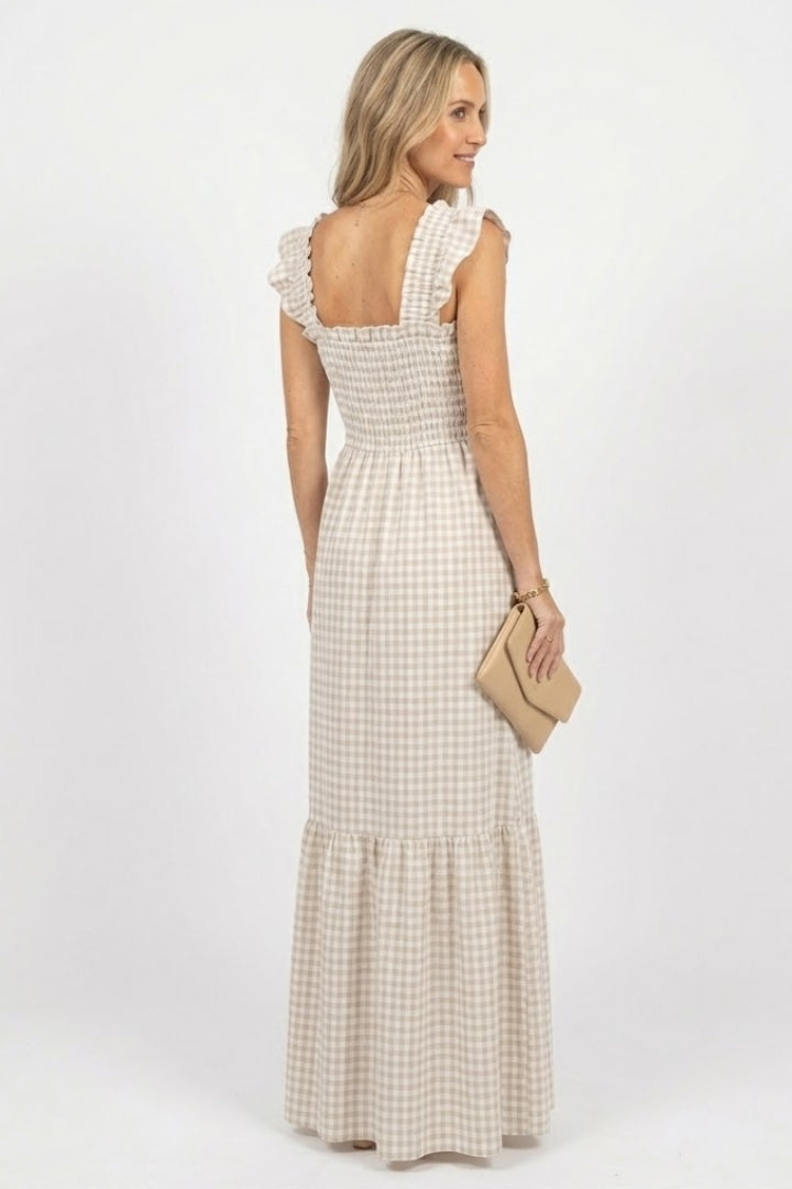 Valeska | Women’s Plaid Maxi Dress – Sleeveless Square Neck Ruffle Sleeve Dress, Smocked Waist