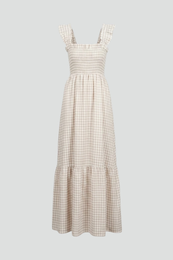 Valeska | Women’s Plaid Maxi Dress – Sleeveless Square Neck Ruffle Sleeve Dress, Smocked Waist