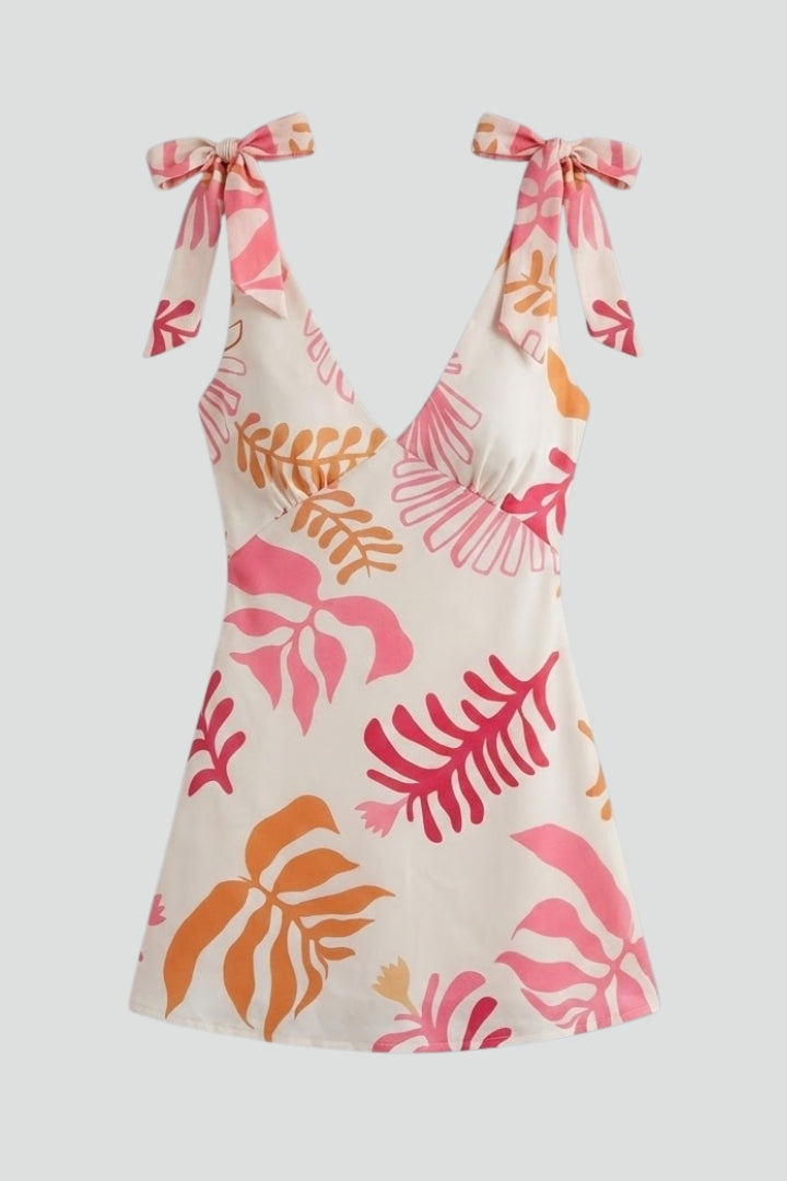 Valesse | Women’s V-Neck Mini Dress – Sleeveless Summer Leaf Print, Adjustable Tie Shoulders