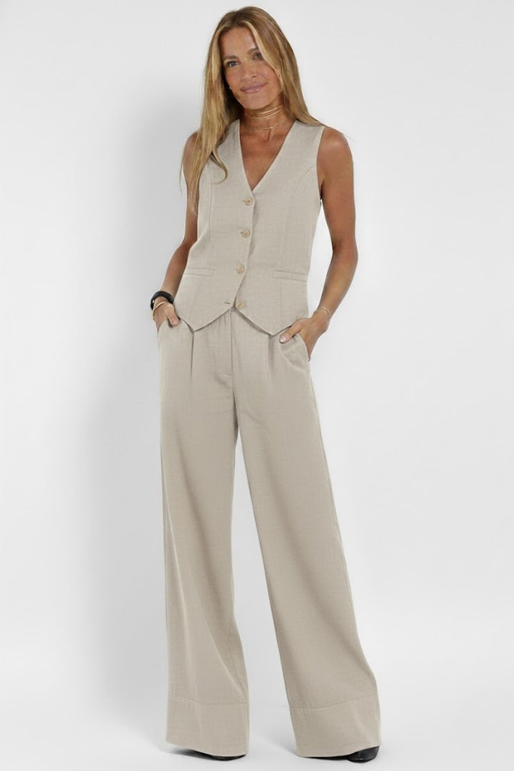 Vatha | Women’s 2-Piece Set – V-Neck Waistcoat & High-Waisted Wide-Leg Trousers