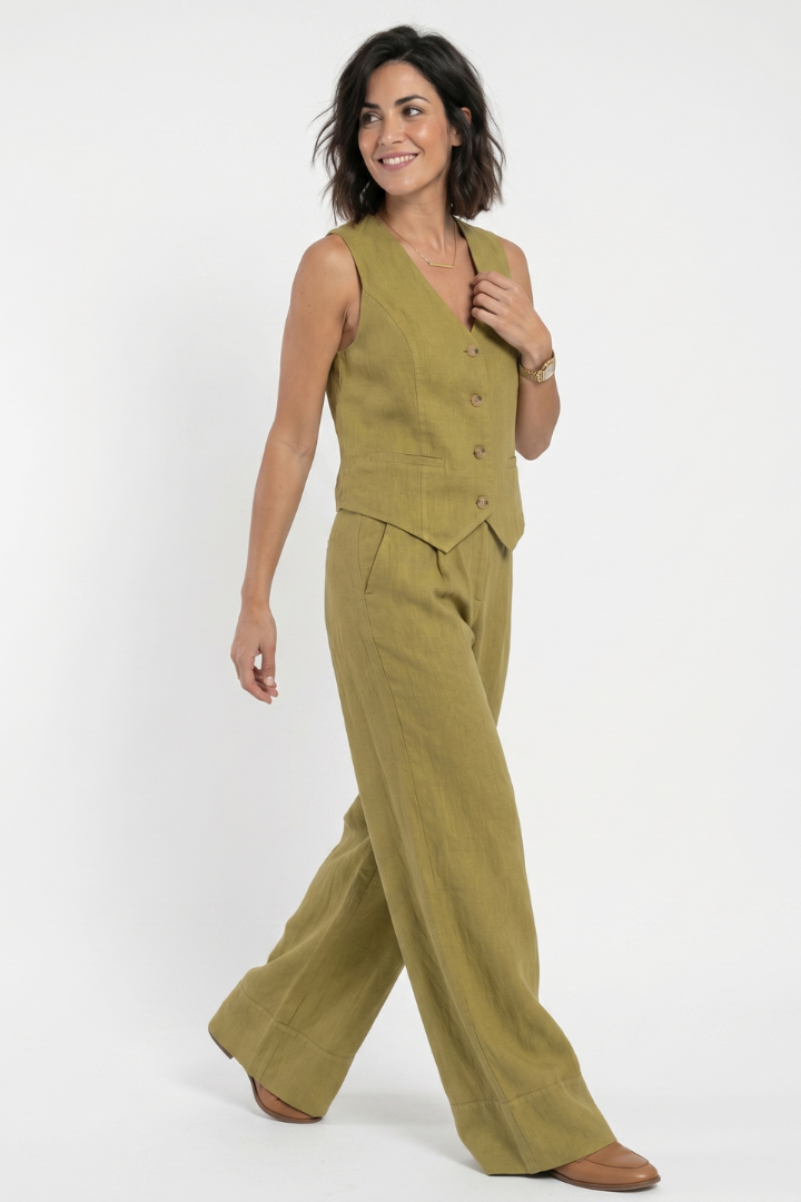 Vatha | Women’s 2-Piece Set – V-Neck Waistcoat & High-Waisted Wide-Leg Trousers