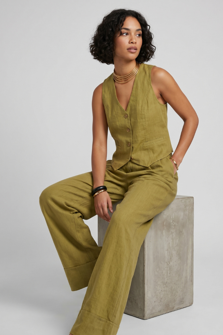 Vatha | Women’s 2-Piece Set – V-Neck Waistcoat & High-Waisted Wide-Leg Trousers