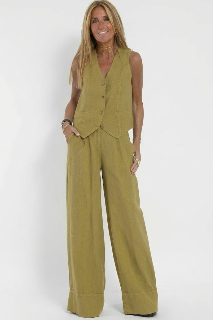 Vatha | Women’s 2-Piece Set – V-Neck Waistcoat & High-Waisted Wide-Leg Trousers