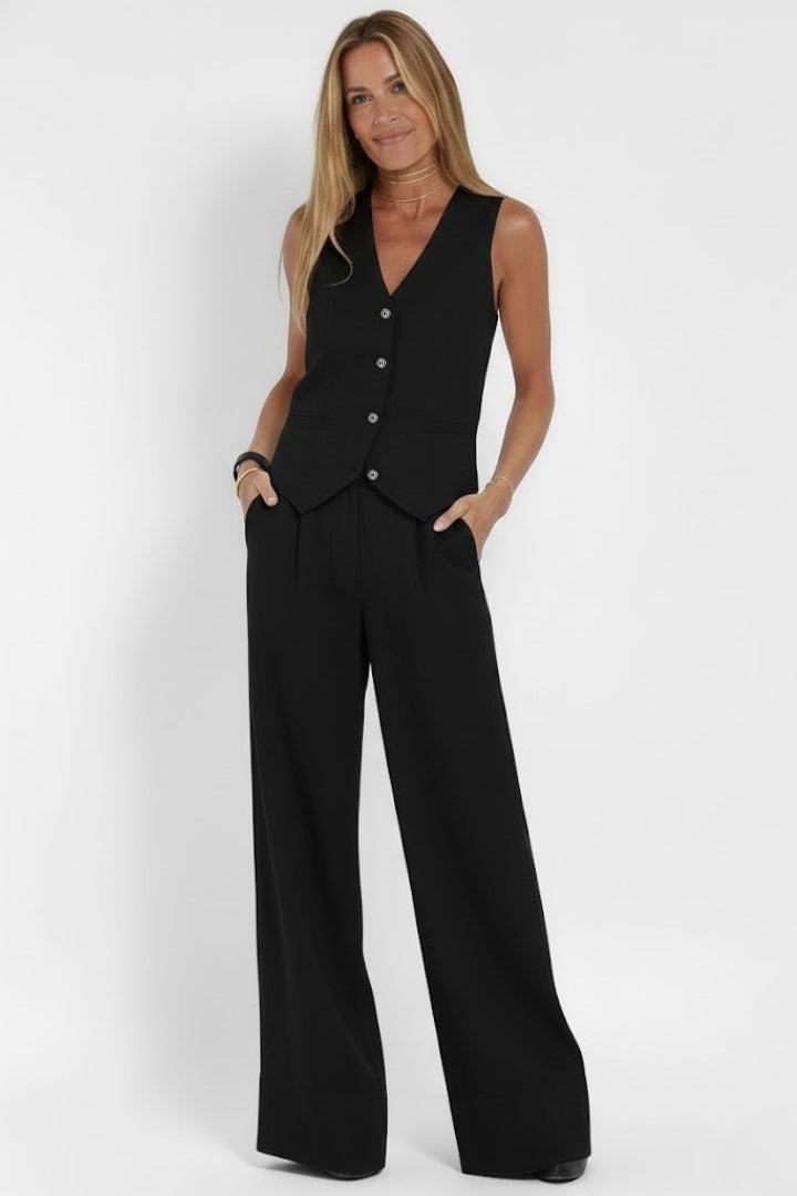 Vatha | Women’s 2-Piece Set – V-Neck Waistcoat & High-Waisted Wide-Leg Trousers