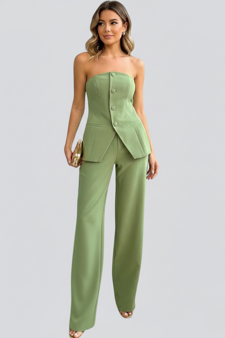 Vela | Women’s 2-Piece Set – Bustier Top & High Waist Wide Leg Pants, Structured Co-ord Set