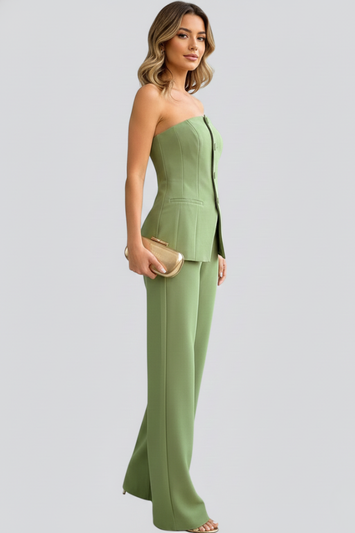 Vela | Women’s 2-Piece Set – Bustier Top & High Waist Wide Leg Pants, Structured Co-ord Set