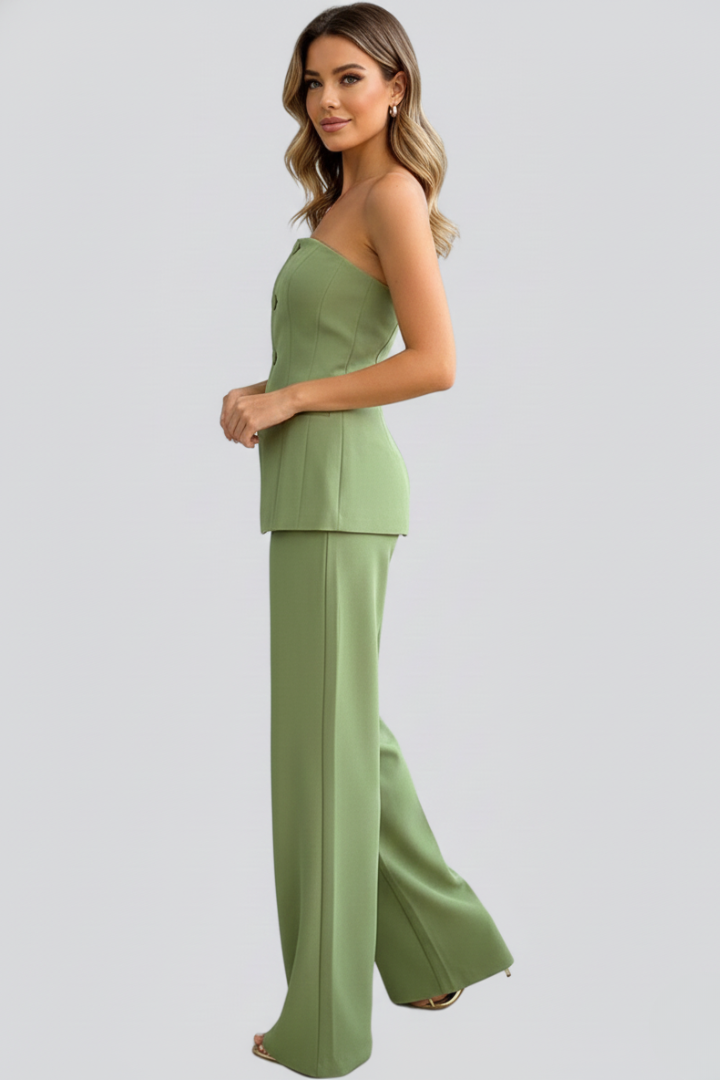Vela | Women’s 2-Piece Set – Bustier Top & High Waist Wide Leg Pants, Structured Co-ord Set