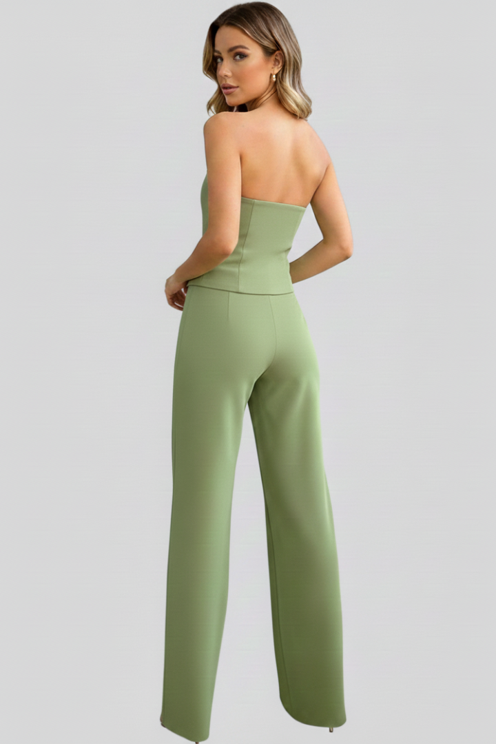 Vela | Women’s 2-Piece Set – Bustier Top & High Waist Wide Leg Pants, Structured Co-ord Set