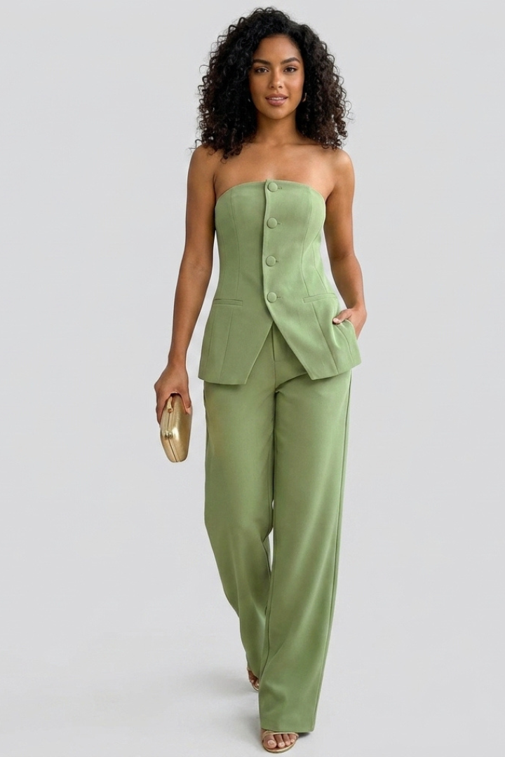 Vela | Women’s 2-Piece Set – Bustier Top & High Waist Wide Leg Pants, Structured Co-ord Set