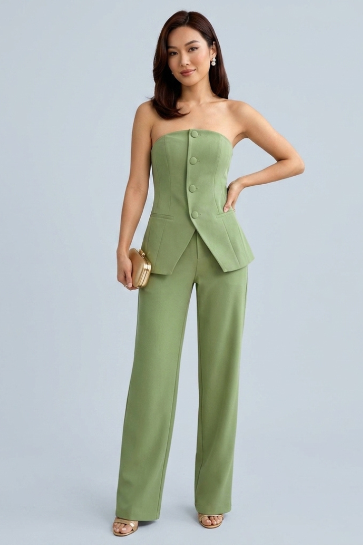 Vela | Women’s 2-Piece Set – Bustier Top & High Waist Wide Leg Pants, Structured Co-ord Set