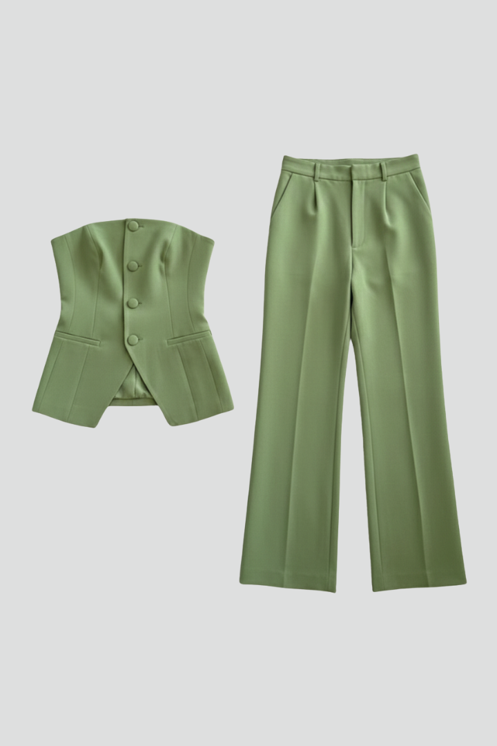 Vela | Women’s 2-Piece Set – Bustier Top & High Waist Wide Leg Pants, Structured Co-ord Set