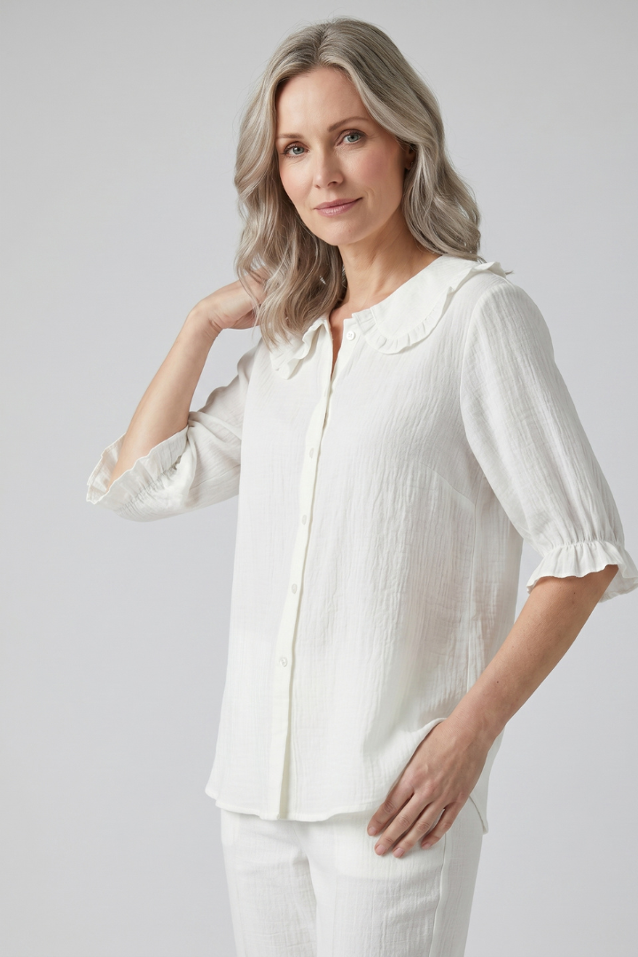Velastelle | Women’s Vintage Ruffle Collar Button Shirt – Half Sleeve Elegant Blouse