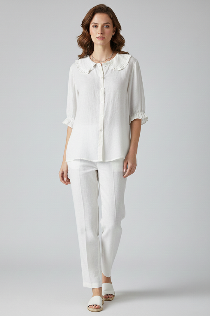 Velastelle | Women’s Vintage Ruffle Collar Button Shirt – Half Sleeve Elegant Blouse