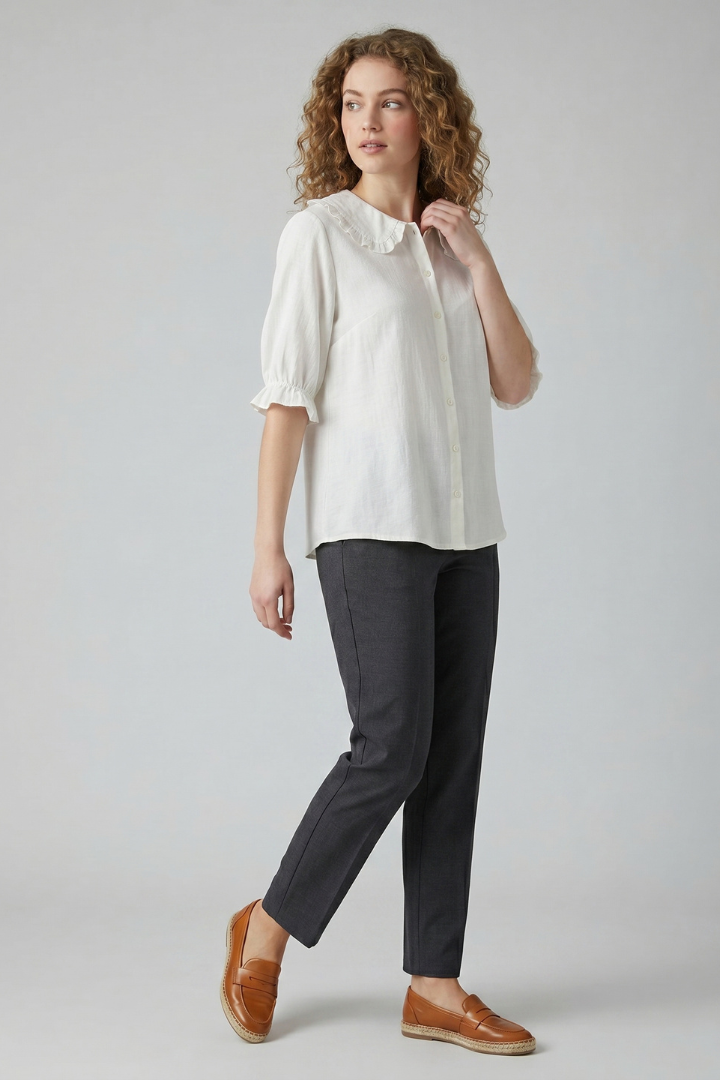 Velastelle | Women’s Vintage Ruffle Collar Button Shirt – Half Sleeve Elegant Blouse