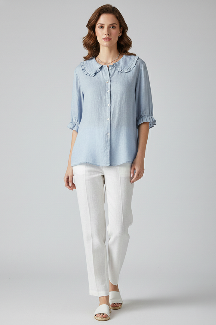 Velastelle | Women’s Vintage Ruffle Collar Button Shirt – Half Sleeve Elegant Blouse