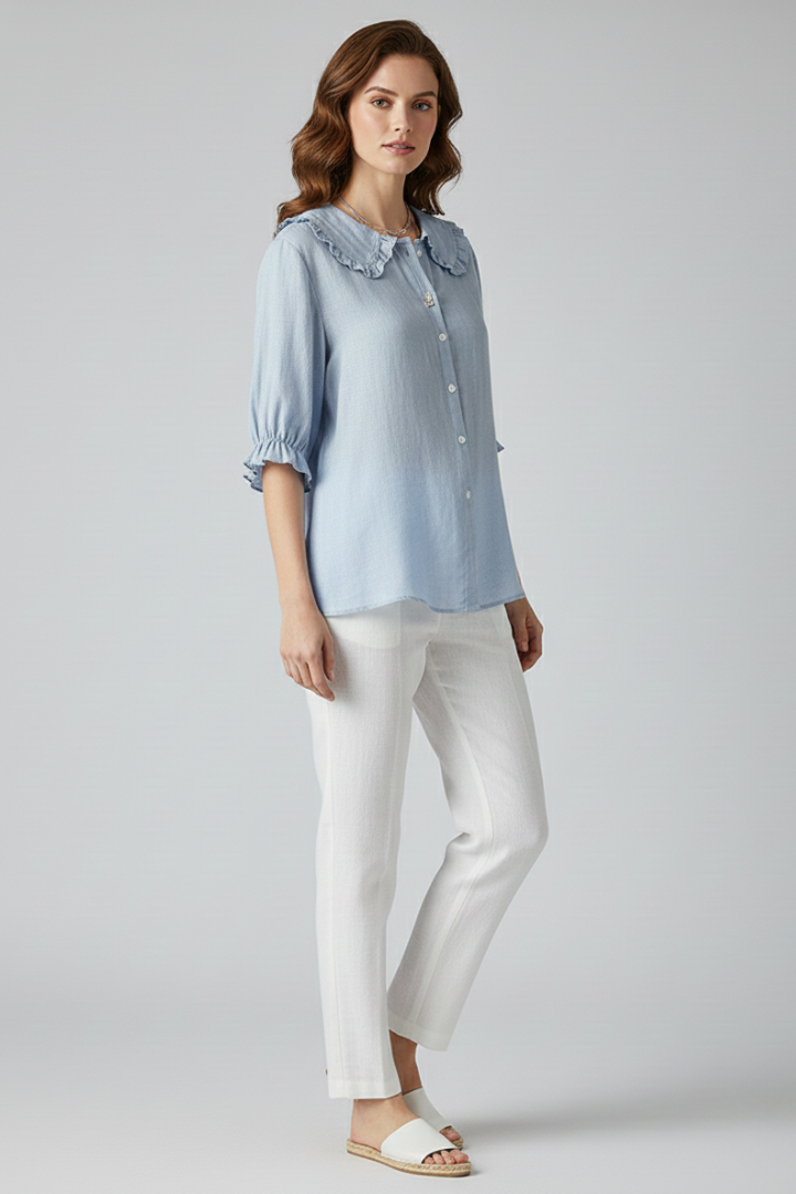 Velastelle | Women’s Vintage Ruffle Collar Button Shirt – Half Sleeve Elegant Blouse