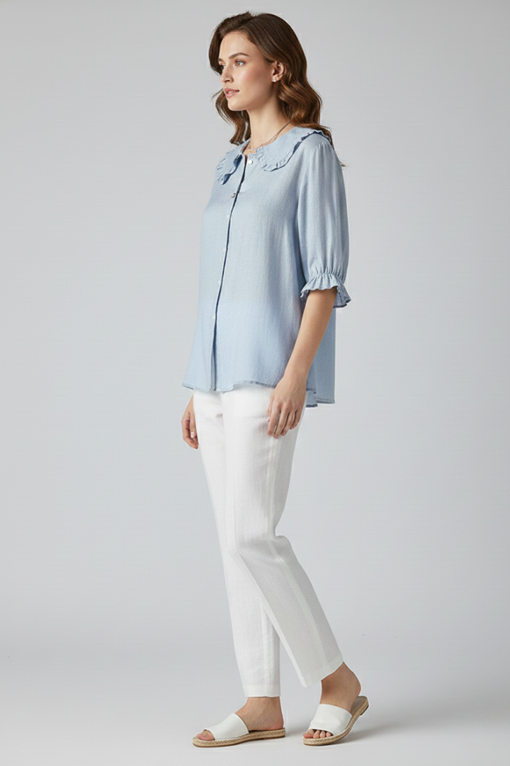 Velastelle | Women’s Vintage Ruffle Collar Button Shirt – Half Sleeve Elegant Blouse