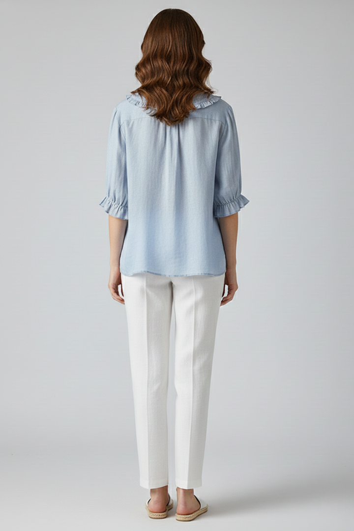Velastelle | Women’s Vintage Ruffle Collar Button Shirt – Half Sleeve Elegant Blouse