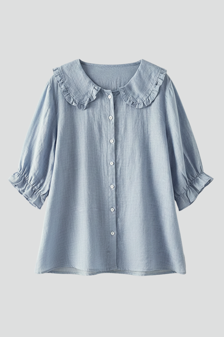 Velastelle | Women’s Vintage Ruffle Collar Button Shirt – Half Sleeve Elegant Blouse