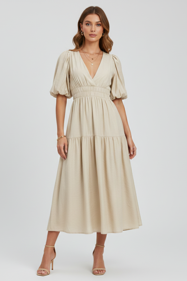 Velisse | Women’s Midi Dress - V-Neck, Puff Sleeve, Tiered Skirt, Waist Gathered Dress
