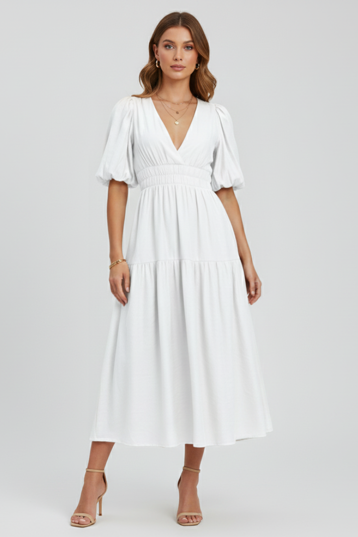 Velisse | Women’s Midi Dress - V-Neck, Puff Sleeve, Tiered Skirt, Waist Gathered Dress