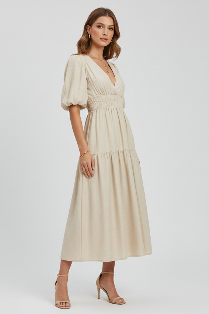 Velisse | Women’s Midi Dress - V-Neck, Puff Sleeve, Tiered Skirt, Waist Gathered Dress