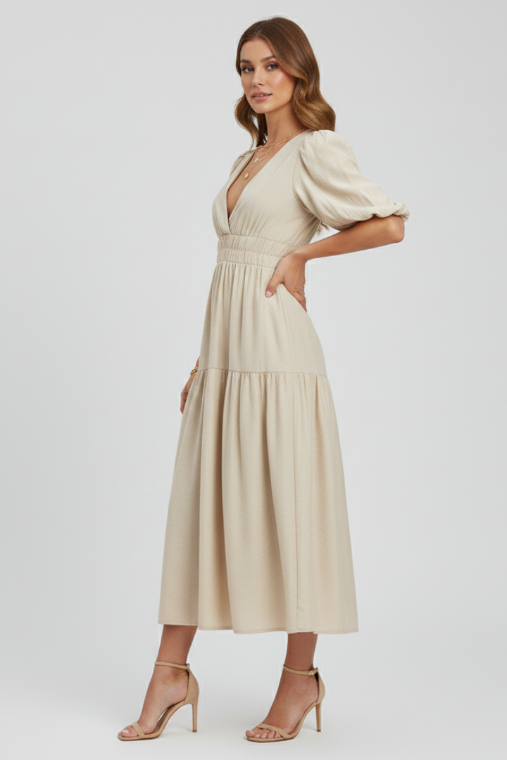 Velisse | Women’s Midi Dress - V-Neck, Puff Sleeve, Tiered Skirt, Waist Gathered Dress
