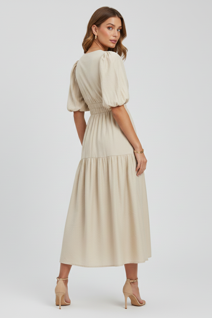 Velisse | Women’s Midi Dress - V-Neck, Puff Sleeve, Tiered Skirt, Waist Gathered Dress