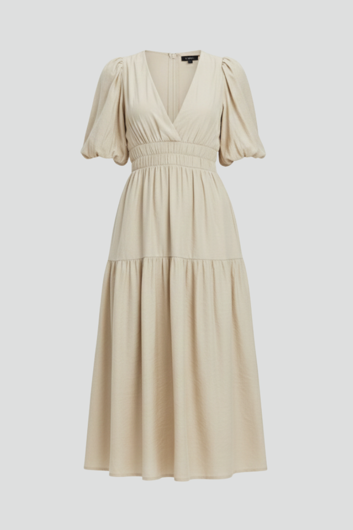 Velisse | Women’s Midi Dress - V-Neck, Puff Sleeve, Tiered Skirt, Waist Gathered Dress