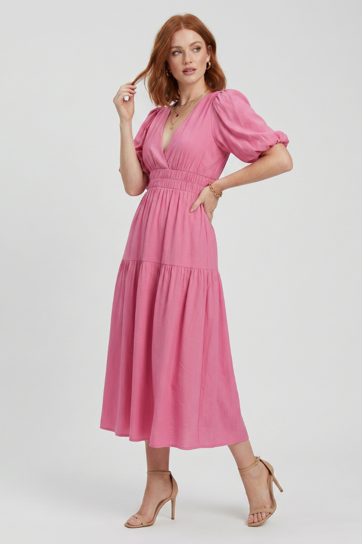 Velisse | Women’s Midi Dress - V-Neck, Puff Sleeve, Tiered Skirt, Waist Gathered Dress