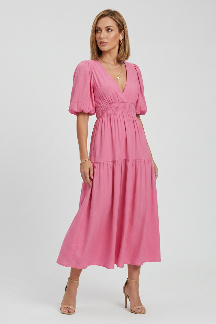 Velisse | Women’s Midi Dress - V-Neck, Puff Sleeve, Tiered Skirt, Waist Gathered Dress