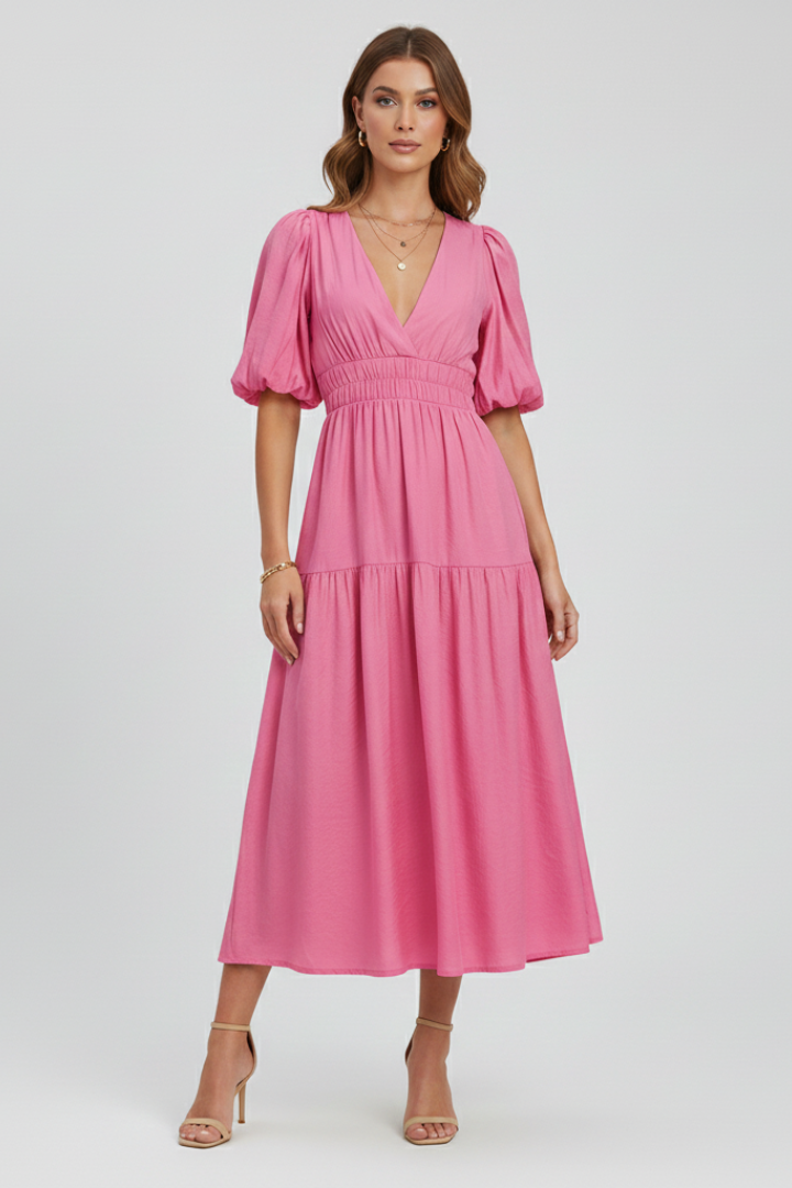 Velisse | Women’s Midi Dress - V-Neck, Puff Sleeve, Tiered Skirt, Waist Gathered Dress
