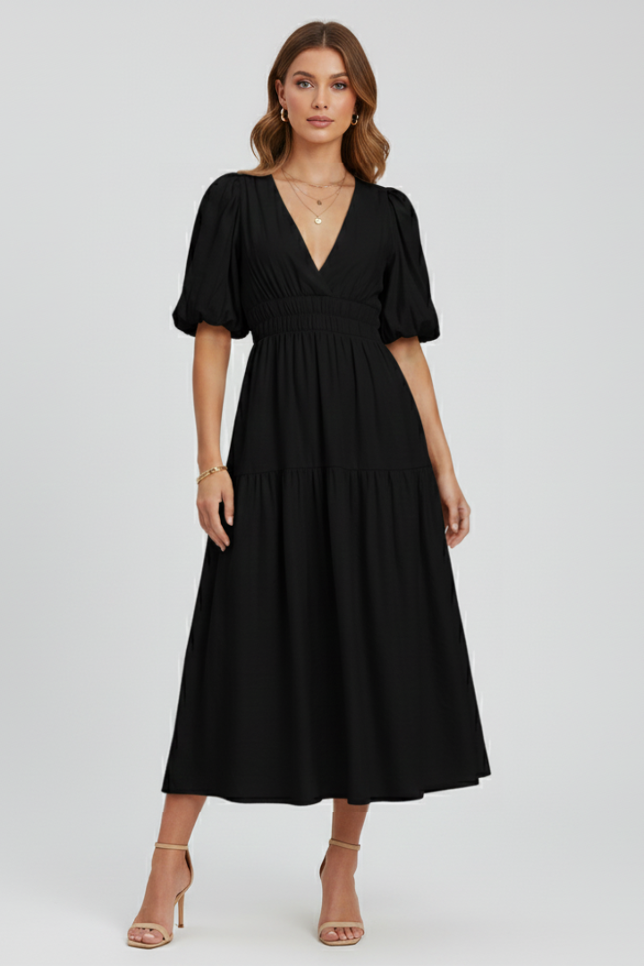 Velisse | Women’s Midi Dress - V-Neck, Puff Sleeve, Tiered Skirt, Waist Gathered Dress