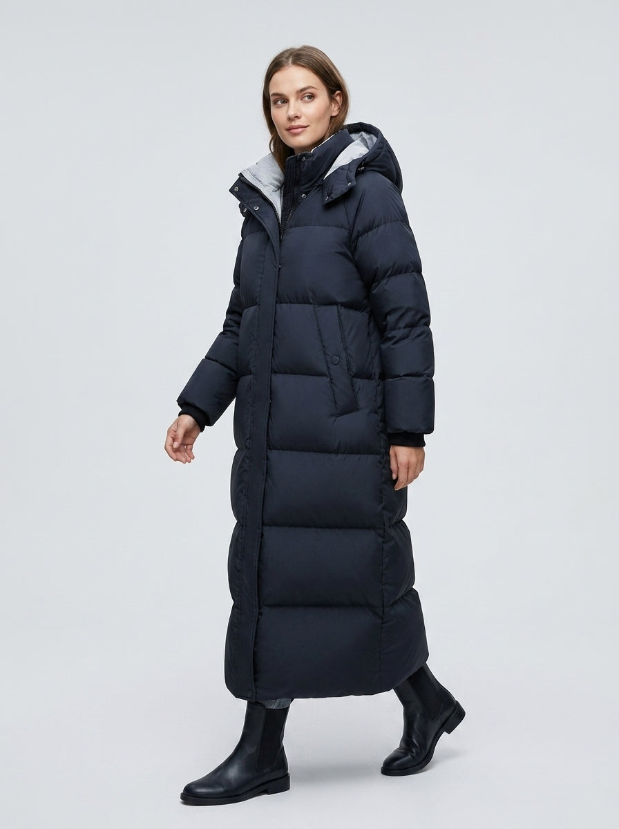Velmira | Women’s Long Puffer Coat with Hood, Quilted Panels & Below-Knee Length