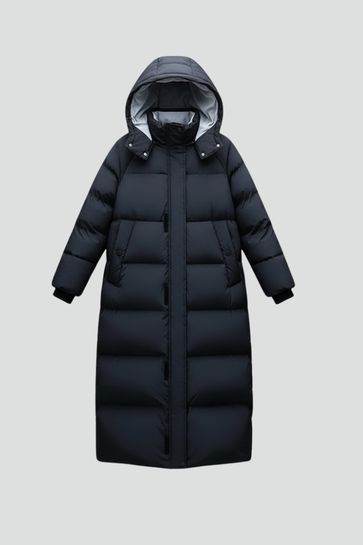 Velmira | Women’s Long Puffer Coat with Hood, Quilted Panels & Below-Knee Length