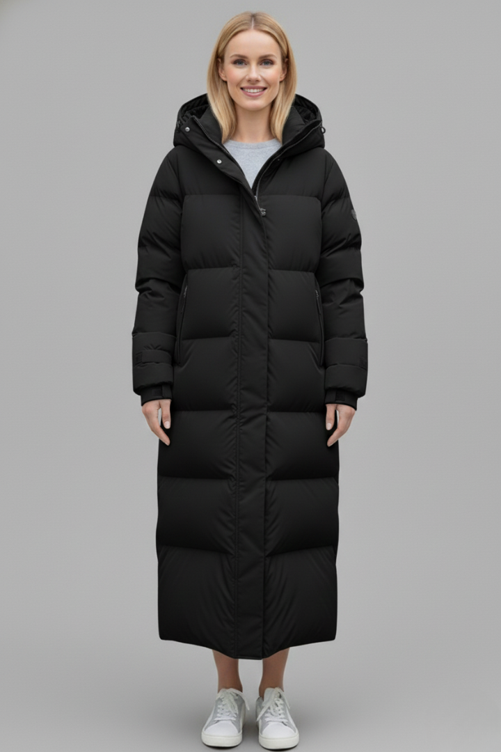 Velmira | Women’s Long Puffer Coat with Hood, Quilted Panels & Below-Knee Length