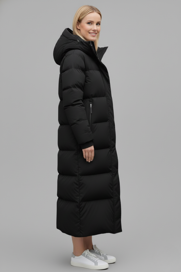 Velmira | Women’s Long Puffer Coat with Hood, Quilted Panels & Below-Knee Length