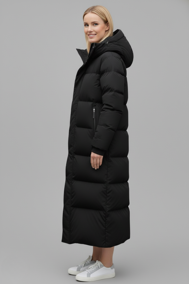 Velmira | Women’s Long Puffer Coat with Hood, Quilted Panels & Below-Knee Length