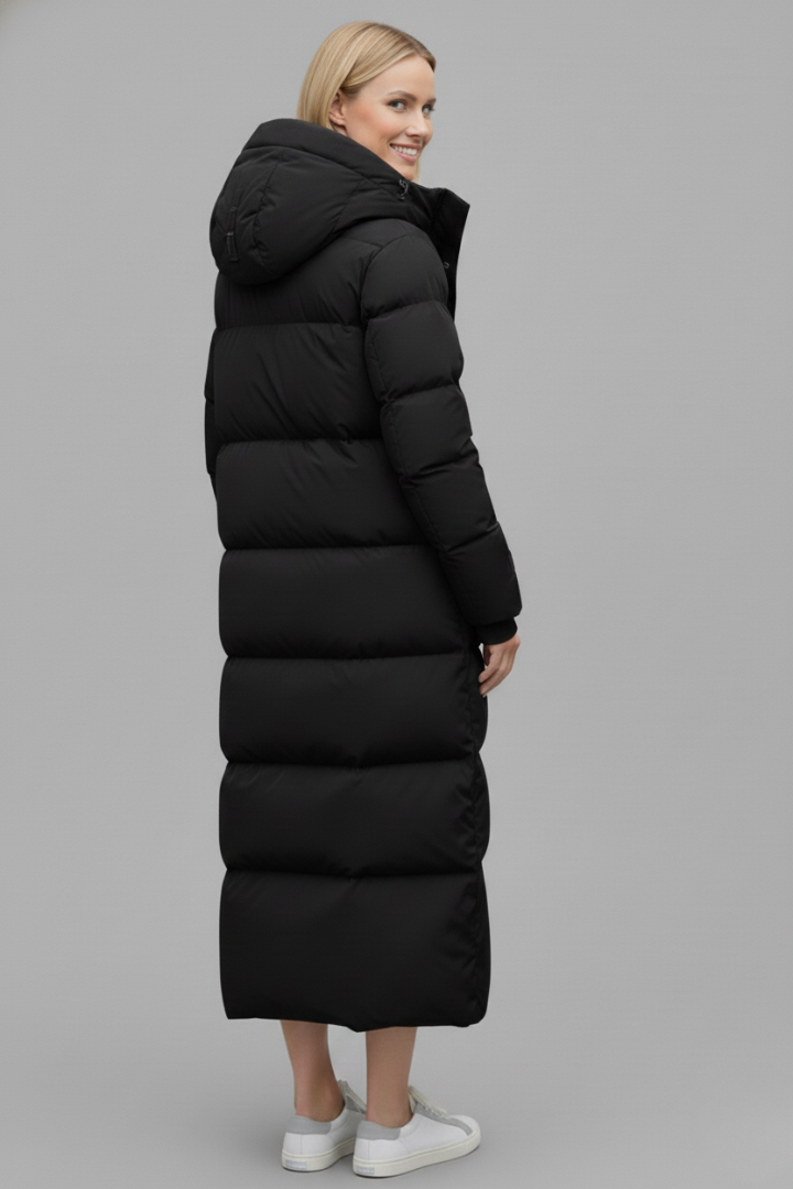 Velmira | Women’s Long Puffer Coat with Hood, Quilted Panels & Below-Knee Length