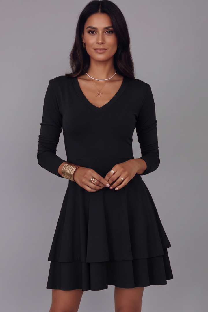 Vesper | Women’s V-Neck Mini Dress – Long Sleeve, Tiered Flared Skirt & Pullover Design