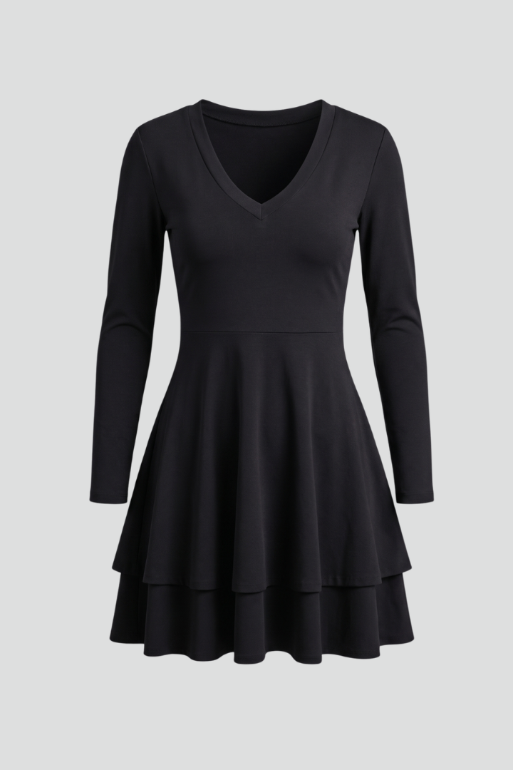 Vesper | Women’s V-Neck Mini Dress – Long Sleeve, Tiered Flared Skirt & Pullover Design