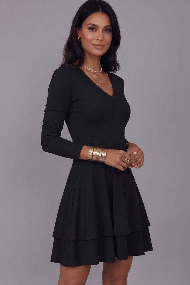 Vesper | Women’s V-Neck Mini Dress – Long Sleeve, Tiered Flared Skirt & Pullover Design