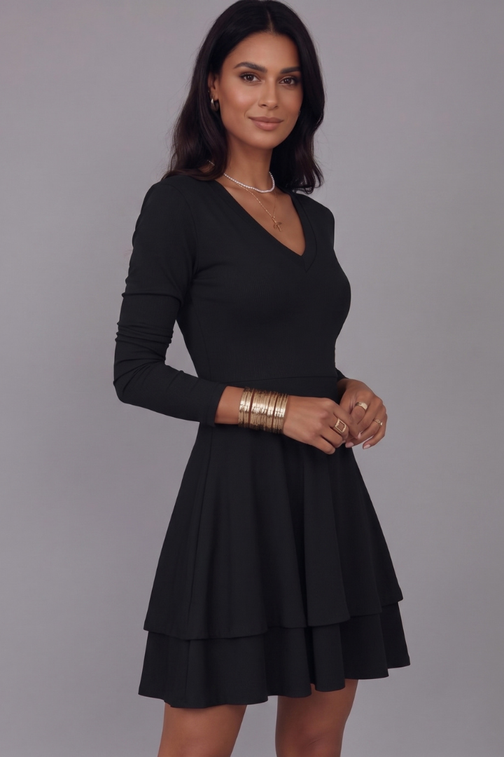 Vesper | Women’s V-Neck Mini Dress – Long Sleeve, Tiered Flared Skirt & Pullover Design